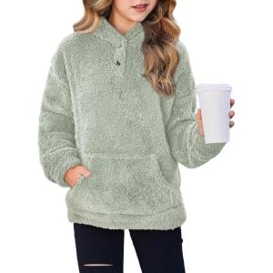 Arshiner Girls Hoodie Sherpa Fleece Pullover Hooded Sweatshirt for Girl Button Up Casual Outerwear Coat With Pockets(Green)