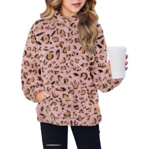 Arshiner Girls Hoodie Sherpa Fleece Pullover Hooded Sweatshirt for Girl Button Up Casual Outerwear Coat With Pockets(Pink Leopard)
