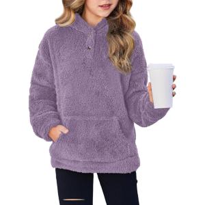 Arshiner Girls Hoodie Sherpa Fleece Pullover Hooded Sweatshirt for Girl Button Up Casual Outerwear Coat With Pockets(Purple)