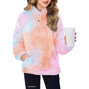 Arshiner Girls Hoodie Sherpa Fleece Pullover Hooded Sweatshirt for Girl Button Up Casual Outerwear Coat With Pockets(Tie-dye Purple)