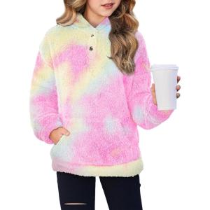Arshiner Girls Hoodie Sherpa Fleece Pullover Hooded Sweatshirt for Girl Button Up Casual Outerwear Coat With Pockets(Tie-dye Yellow)