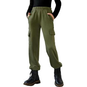 Arshiner Girls Joggers Sweatpants Kids Cargo Loose High Waisted Pants with Pockets 5-16 Years(Army Green)