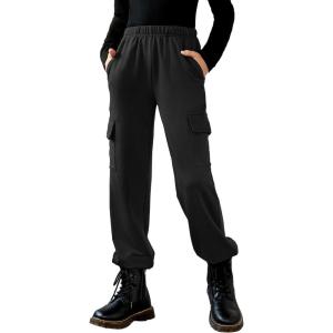 Arshiner Girls Joggers Sweatpants Kids Cargo Loose High Waisted Pants with Pockets 5-16 Years(Black)