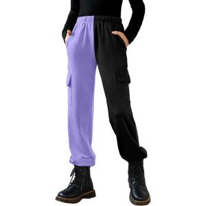 Arshiner Girls Joggers Sweatpants Kids Cargo Loose High Waisted Pants with Pockets 5-16 Years(Purple Color Block)