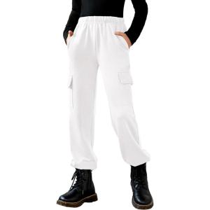 Arshiner Girls Joggers Sweatpants Kids Cargo Loose High Waisted Pants with Pockets 5-16 Years(White)