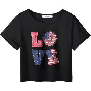 Arshiner Girls July 4th American Flag T Shirts Crop Top Short Sleeve Shirt Tee(Black Love)