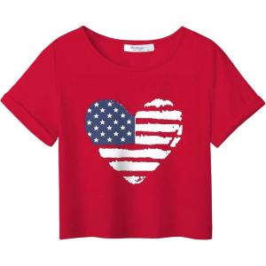 Arshiner Girls July 4th American Flag T Shirts Crop Top Short Sleeve Shirt Tee(Red Heart)