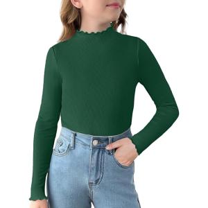 Arshiner Girls Lettuce Trim Mock Neck Long Sleeve Shirts Ribbed Knit Slim Fit Base Layer Tops Tees(Green)