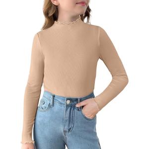Arshiner Girls Lettuce Trim Mock Neck Long Sleeve Shirts Ribbed Knit Slim Fit Base Layer Tops Tees(Khaki)