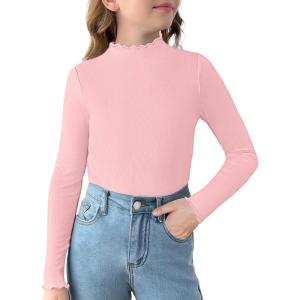 Arshiner Girls Lettuce Trim Mock Neck Long Sleeve Shirts Ribbed Knit Slim Fit Base Layer Tops Tees(Light Pink)