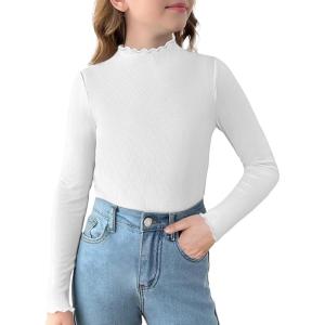 Arshiner Girls Lettuce Trim Mock Neck Long Sleeve Shirts Ribbed Knit Slim Fit Base Layer Tops Tees(White)