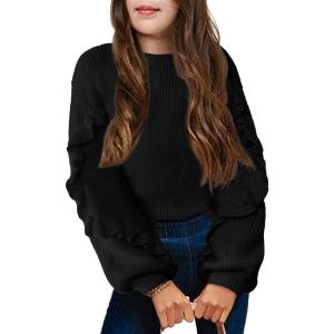 Arshiner Girls Long Lantern Sleeve Sweaters Crew Neck Knit Pullover Jumper Top(Black)