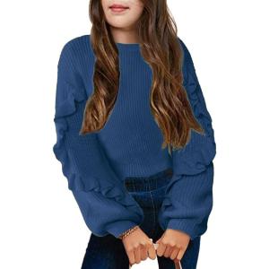 Arshiner Girls Long Lantern Sleeve Sweaters Crew Neck Knit Pullover Jumper Top(Navy Blue)