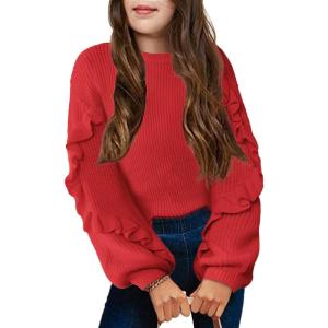 Arshiner Girls Long Lantern Sleeve Sweaters Crew Neck Knit Pullover Jumper Top(Red)