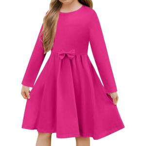 Arshiner Girls Long Sleeve Dress A line Twirly Skater Casual Bow Tie Dress(Rose Red)