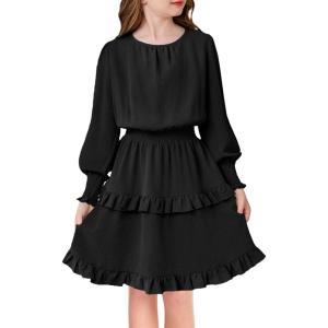 Arshiner Girls Long Sleeve Dress Boho Tiered Ruffle Hem Elegant Smocked Waist Midi Dress(Black)