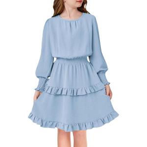 Arshiner Girls Long Sleeve Dress Boho Tiered Ruffle Hem Elegant Smocked Waist Midi Dress(Light Blue)