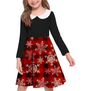 Arshiner Girls Long Sleeve Dress Casual Vintage Peter Pan Collar Swing Party Dress Age 3-14 Years(Christmas Plaid)
