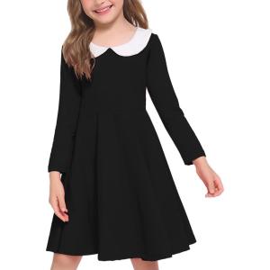 Arshiner Girls Long Sleeve Dress Casual Vintage Peter Pan Collar Swing Party Dress Age 3-14 Years(No Belt Black)