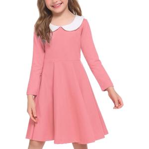 Arshiner Girls Long Sleeve Dress Casual Vintage Peter Pan Collar Swing Party Dress Age 3-14 Years(No Belt Pink)