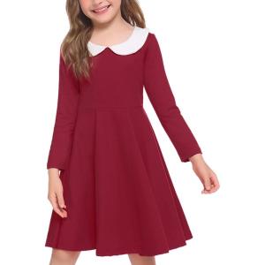 Arshiner Girls Long Sleeve Dress Casual Vintage Peter Pan Collar Swing Party Dress Age 3-14 Years(No Belt Wine Red)