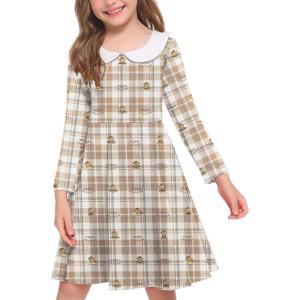 Arshiner Girls Long Sleeve Dress Casual Vintage Peter Pan Collar Swing Party Dress Age 3-14 Years(Plaid Brown)