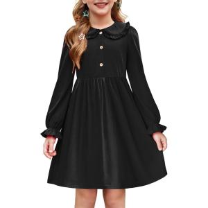 Arshiner Girls Long Sleeve Dress Fall Winter Ruffle Peter Pan Collar Front Button Casual Cotton Dresses(Black)