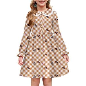 Arshiner Girls Long Sleeve Dress Fall Winter Ruffle Peter Pan Collar Front Button Casual Cotton Dresses(Brown White Plaid)