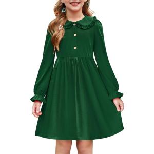 Arshiner Girls Long Sleeve Dress Fall Winter Ruffle Peter Pan Collar Front Button Casual Cotton Dresses(Dark Green)
