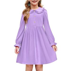 Arshiner Girls Long Sleeve Dress Fall Winter Ruffle Peter Pan Collar Front Button Casual Cotton Dresses(Lavender)