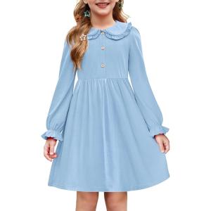 Arshiner Girls Long Sleeve Dress Fall Winter Ruffle Peter Pan Collar Front Button Casual Cotton Dresses(Light Blue)