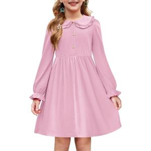 Arshiner Girls Long Sleeve Dress Fall Winter Ruffle Peter Pan Collar Front Button Casual Cotton Dresses(Light Pink)
