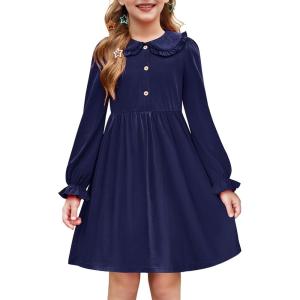Arshiner Girls Long Sleeve Dress Fall Winter Ruffle Peter Pan Collar Front Button Casual Cotton Dresses(Navy Blue)