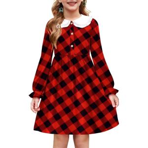 Arshiner Girls Long Sleeve Dress Fall Winter Ruffle Peter Pan Collar Front Button Casual Cotton Dresses(Red Black Plaid)