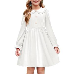 Arshiner Girls Long Sleeve Dress Fall Winter Ruffle Peter Pan Collar Front Button Casual Cotton Dresses(White)