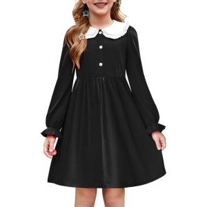 Arshiner Girls Long Sleeve Dress Fall Winter Ruffle Peter Pan Collar Front Button Casual Cotton Dresses(White and Black)