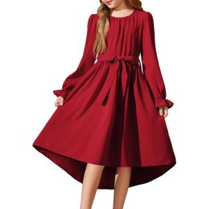 Arshiner Girls Long Sleeve Dress Fashion High Low Flowy Swing Semi Formal Party Dresses with Belt(Deep Red)
