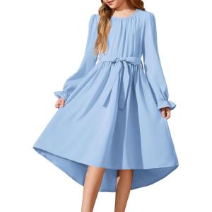Arshiner Girls Long Sleeve Dress Fashion High Low Flowy Swing Semi Formal Party Dresses with Belt(Light Blue)