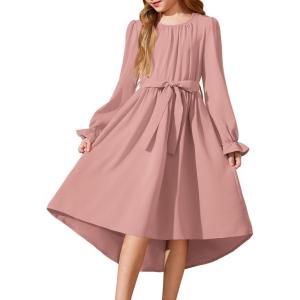 Arshiner Girls Long Sleeve Dress Fashion High Low Flowy Swing Semi Formal Party Dresses with Belt(Pink)