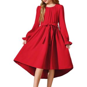 Arshiner Girls Long Sleeve Dress Fashion High Low Flowy Swing Semi Formal Party Dresses with Belt(True Red)