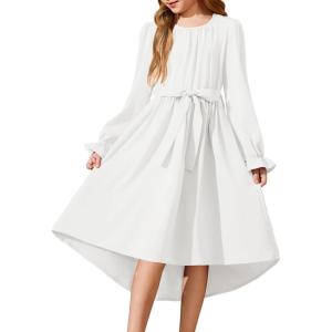 Arshiner Girls Long Sleeve Dress Fashion High Low Flowy Swing Semi Formal Party Dresses with Belt(White)