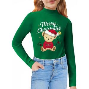 Arshiner Girls Long Sleeve Mock Turtleneck Shirts Slim Fit Casual Base Layer Top Tee(Christmas-green Teddy)