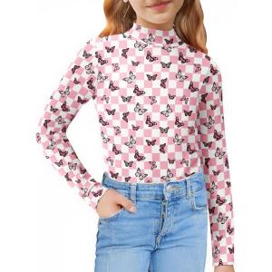 Arshiner Girls Long Sleeve Mock Turtleneck Shirts Slim Fit Casual Base Layer Top Tee(Pink/White Butterfly)
