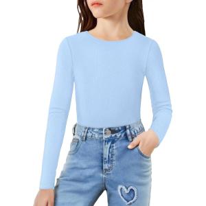 Arshiner Girls Long Sleeve Ribbed Knit Shirts Soft Slim Fit Crewneck Casual Base Layer Tops Tees(Light Blue)