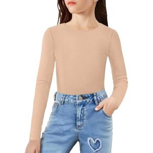Arshiner Girls Long Sleeve Ribbed Knit Shirts Soft Slim Fit Crewneck Casual Base Layer Tops Tees(Light Khaki)