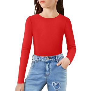 Arshiner Girls Long Sleeve Ribbed Knit Shirts Soft Slim Fit Crewneck Casual Base Layer Tops Tees(Red)