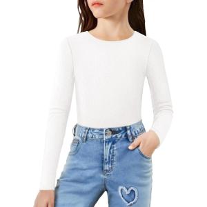 Arshiner Girls Long Sleeve Ribbed Knit Shirts Soft Slim Fit Crewneck Casual Base Layer Tops Tees(White)