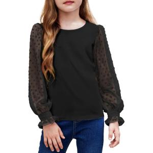 Arshiner Girls Long Sleeve Shirt with Ruffle Cuffs Polka Swiss Dots Kids Girls Pullover Shirts Cute Crewneck Girls Top(Black)