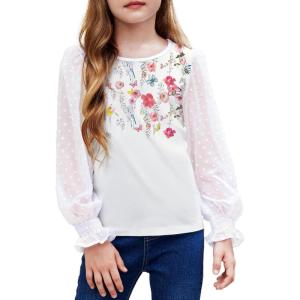Arshiner Girls Long Sleeve Shirt with Ruffle Cuffs Polka Swiss Dots Kids Girls Pullover Shirts Cute Crewneck Girls Top(Flowers)