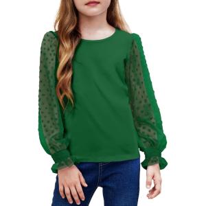 Arshiner Girls Long Sleeve Shirt with Ruffle Cuffs Polka Swiss Dots Kids Girls Pullover Shirts Cute Crewneck Girls Top(Forest Green)